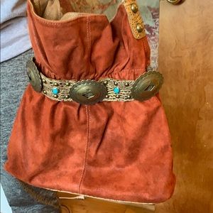 Boho southwestern bucket bag. Rust colored suede.